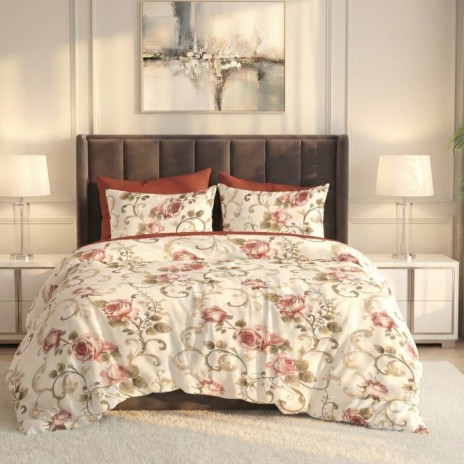 Lenjerie pat dublu trandafiri vintage ralex pucioasa 6 piese design floral crem roz
