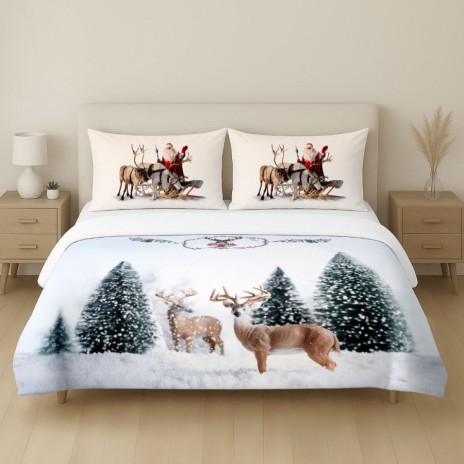Lenjerie de pat 3D Craciun Deer bumbac 100% ranforce cu reni si peisaj de iarna