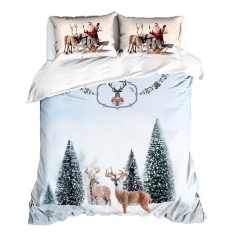 Lenjerie de pat 3D Craciun Deer bumbac 100% ranforce cu reni si peisaj de iarna