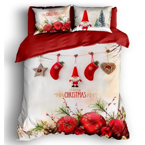 Lenjerie de pat dublu Cotton Club Zola, bumbac 100% ranforce, design festiv de Crăciun, roșu și alb, motive de sărbători și elemente decorative