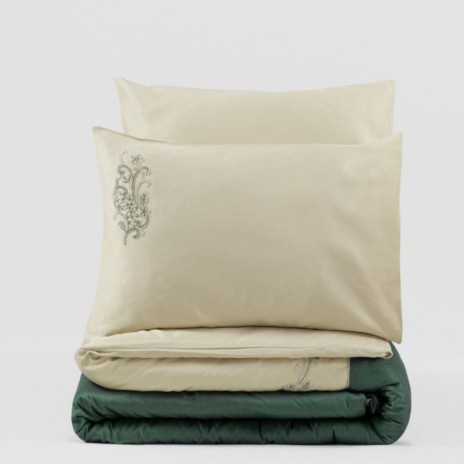 lenjerie brodata de lux Cotton Box Andy Green din bumbac satinat verde inchis si crem cu broderii delicate