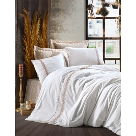 Lenjerie de pat albă cu broderie bej și accente decorative subtile, model Ines Bej, bumbac ranforce, 6 piese