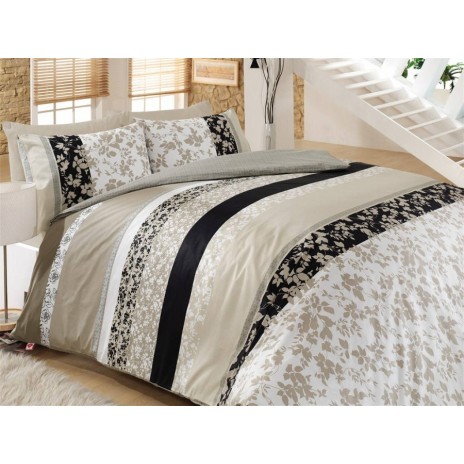 Lenjerie de pat dublu Cotton Box Deborah, bumbac 100% ranforce, design negru, alb și bej, motive florale și dungi elegante