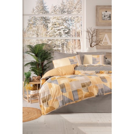 Lenjerie de pat Cottonbox Jammy Grey din bumbac 100% ranforce, cu design geometric în nuanțe de galben, gri și crem pe fundal gri
