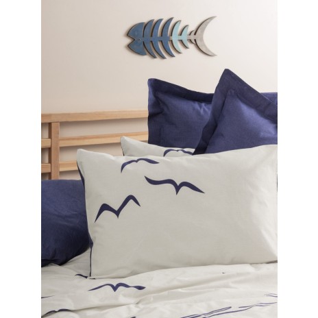 Lenjerie de pat cu design maritim din bumbac 100% ranforce, cu păsări și fețe de pernă albastre, calitate premium