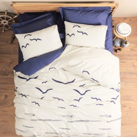 Lenjerie pat dublu Cotton Box Larum Dark Blue bumbac ranforce model marin cu pescarusi