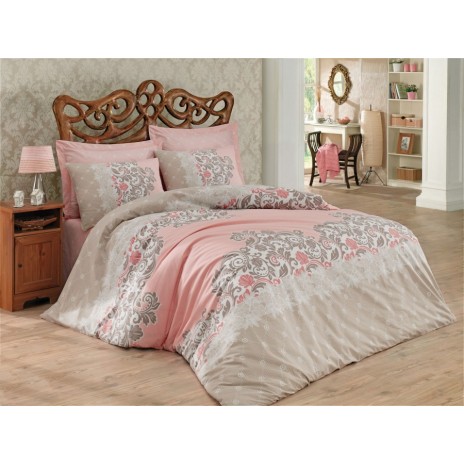 Lenjerie de pat din bumbac 100% ranforce, Megan, roz pal și bej, imprimeu elegant de arabescuri gri și flori delicate