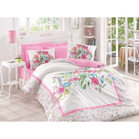 Lenjerie de pat din bumbac 100% ranforce, Mehsima, roz intens și alb, imprimeu floral viu colorat