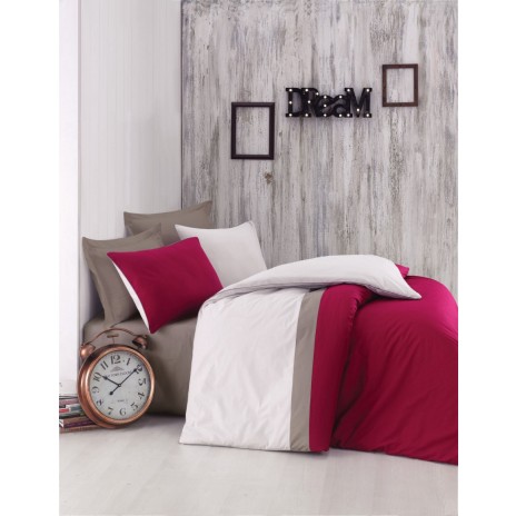 Lenjerie de pat din bumbac ranforce Cotton Box Plain Sport Claret Red cu design modern în alb, roșu vișiniu și gri.