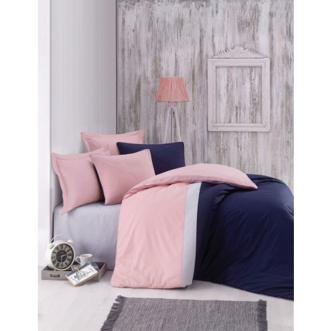 Lenjerie de pat din bumbac ranforce Cotton Box Plain Sport Dark Blue cu design modern în roz pal, albastru închis și alb.