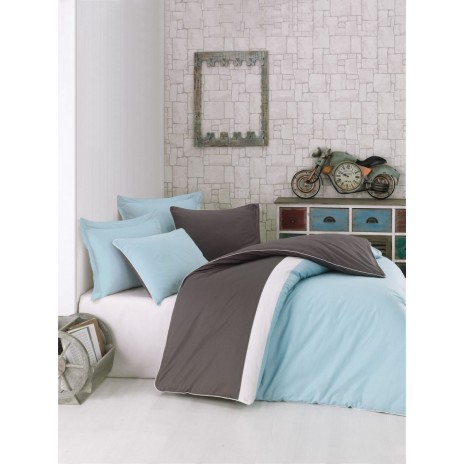 Lenjerie de pat din bumbac 100% ranforce cu design modern în nuanțe de mentă și gri, cu detalii albe