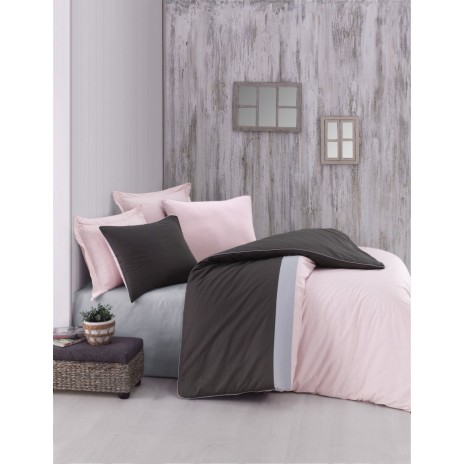 Lenjerie de pat din bumbac 100% ranforce cu design modern în nuanțe de roz pudrat, gri și negru
