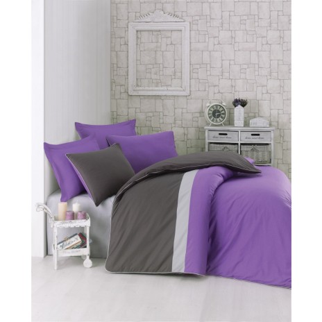 Lenjerie de pat din bumbac 100% ranforce cu design modern în nuanțe de mov, gri și negru