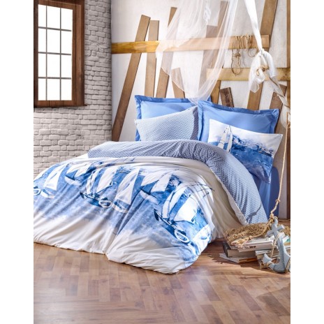 Lenjerie de pat dublu Cotton Box Pusla, bumbac 100% ranforce, design albastru și alb, motive nautice și imagini de bărci
