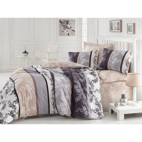 Lenjerie de pat din bumbac 100% ranforce, Samanta, gri și bej, imprimeu floral și dungi elegante