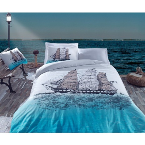 Lenjerie de pat din bumbac 100% ranforce, Ship, albastru și alb, imprimeu detaliat de corabie navigând pe ocean