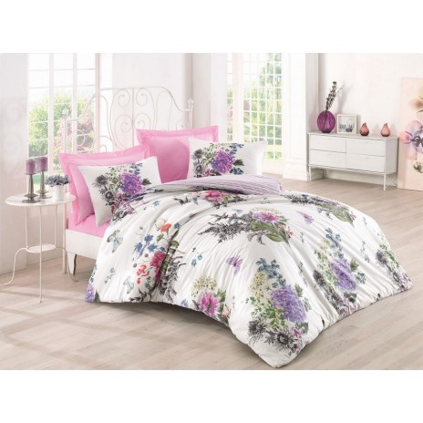 Lenjerie de pat din bumbac 100% ranforce, Stella, alb și roz intens, imprimeu floral cu hortensii și flori roz, albastre și verzi