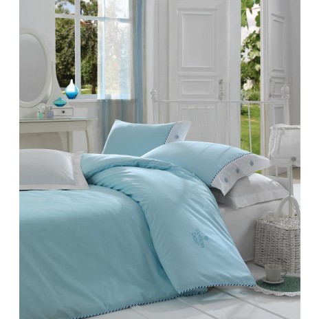 Lenjerie de pat din bumbac 100% ranforce cu design simplu și elegant în nuanțe de turcoaz și alb