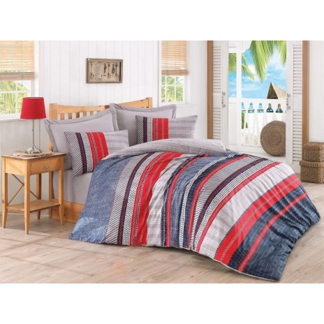 Lenjerie de pat din bumbac 100% ranforce, Vera, albastru, roșu și gri, imprimeu modern de dungi și modele geometrice