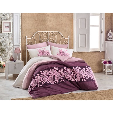 Lenjerie de pat pentru o persoană Hobby Home Dante Martina, bumbac 100% ranforce, design violet și roz, motive florale delicate