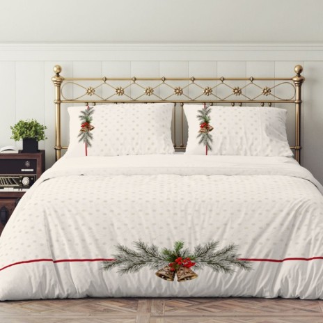 lenjerie craciun 3d holly pat dublu crem cu clopotei si crengute de brad