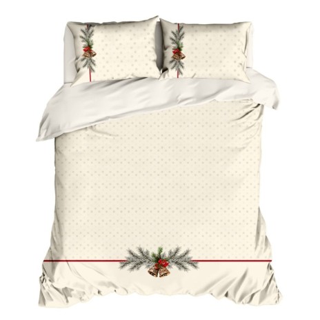 lenjerie craciun 3d holly pat dublu crem cu clopotei si crengute de brad