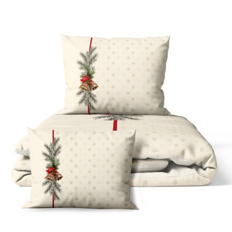 lenjerie craciun 3d holly pat dublu crem cu clopotei si crengute de brad