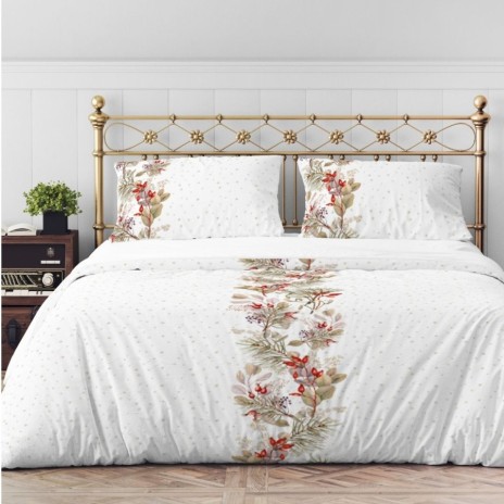 Lenjerii Craciun 3D alb pat dublu cu crengute decorative si fructe rosii, bumbac 100% ranforce, Tisa
