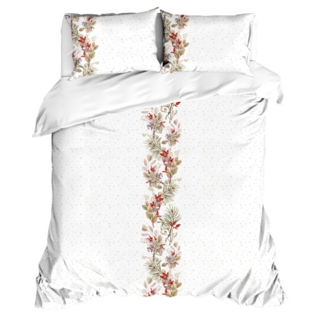 Lenjerii Craciun 3D alb pat dublu cu crengute decorative si fructe rosii, bumbac 100% ranforce, Tisa