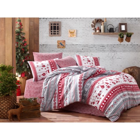 Lenjerii de pat 1 persoana Craciun, bumbac 100% ranforce, Nazenin Home, Snow - Grey