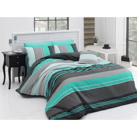 Lenjerie de pat 1 persoană turcoaz cu design zigzag, ambalată în cutie elegantă