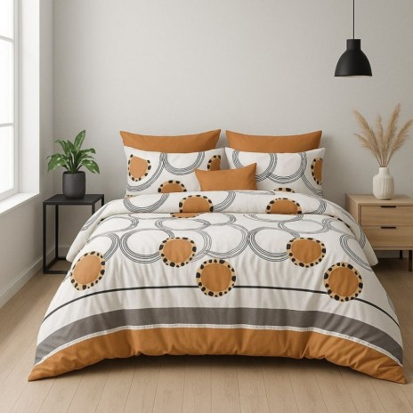 Lenjerie de pat dublu cu cercuri maro din bumbac si poliester Elvo - Lenjerii de pat 1+1 gratis.