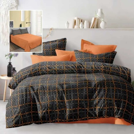 Lenjerie de pat dublu in carouri gri portocaliu cu cearsaf drept portocaliu