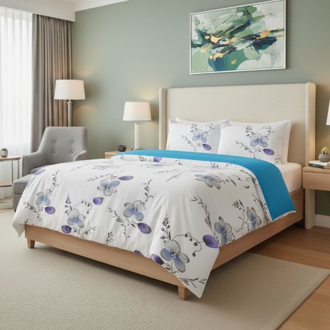 Lenjerie de pat dublu cu flori albastre din bumbac si poliester Elvo - lenjerii 1+1 gratis