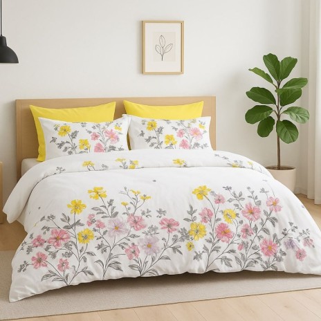 Lenjerie de pat dublu cu flori roz si galbene din bumbac si poliester Elvo - lenjerii 1+1 gratis