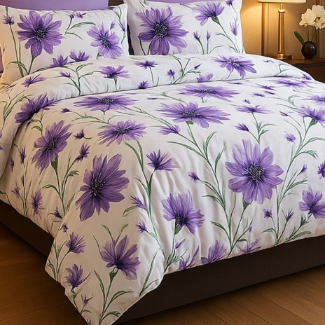 Lenjerie de pat dublu cu flori mov din bumbac si poliester Elvo - lenjerii 1+1 gratis