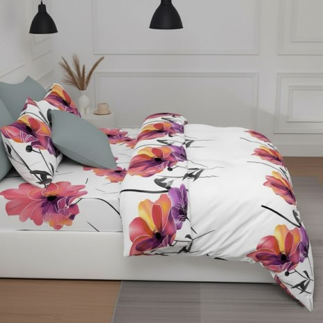 Lenjerie de pat dublu cu flori multicolore din bumbac si poliester Elvo - lenjerii 1+1 gratis