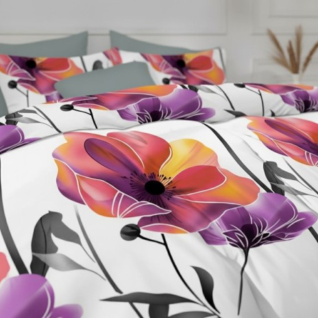 Lenjerie de pat dublu cu flori multicolore din bumbac si poliester Elvo - lenjerii 1+1 gratis