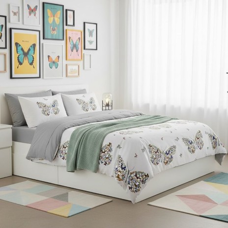 Lenjerie de pat dublu cu fluturi multicolori din bumbac si poliester Elvo - lenjerii 1+1 gratis