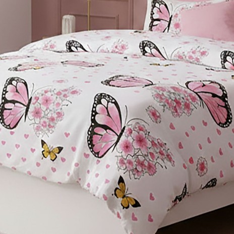 Lenjerie de pat dublu cu fluturi roz din bumbac si poliester Elvo - lenjerii 1+1 gratis