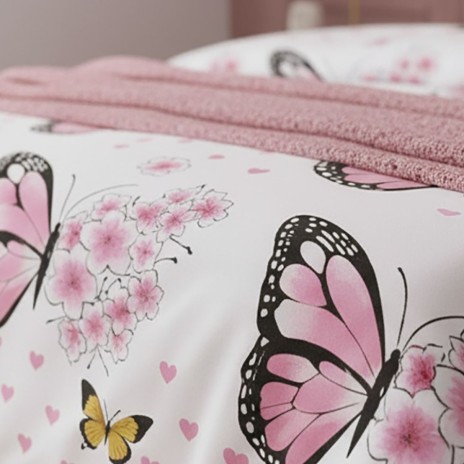 Lenjerie de pat dublu cu fluturi roz din bumbac si poliester Elvo - lenjerii 1+1 gratis