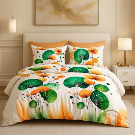 Lenjerie de pat dublu cu frunze verzi si portocalii din bumbac si poliester Elvo - lenjerii 1+1 gratis