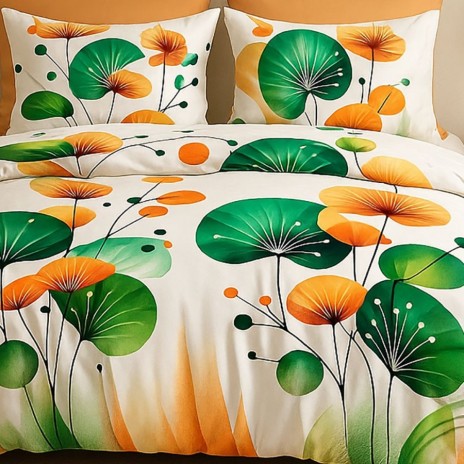 Lenjerie de pat dublu cu frunze verzi si portocalii din bumbac si poliester Elvo - lenjerii 1+1 gratis