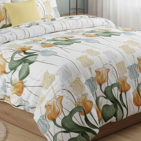 Lenjerie de pat dublu cu lalele galbene din bumbac si poliester Elvo - lenjerii 1+1 gratis