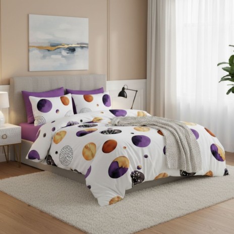 Lenjerie de pat dublu cu cercuriviolet si aurii din bumbac si poliester Elvo - lenjerii 1+1 gratis