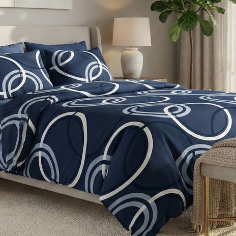Lenjerie de pat dublu cercuri design geometric bleumarin