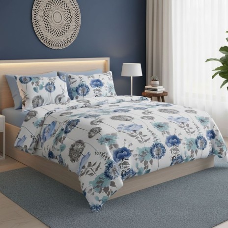 Lenjerie de pat dublu alba cu imprimeu floral bleu/albastru cu cearceaf uni bleu