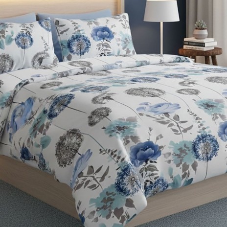 Lenjerie de pat dublu alba cu imprimeu floral bleu/albastru cu cearceaf uni bleu