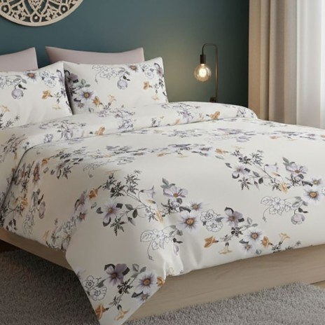 Lenjerie de pat dublu alba cu imprimeu floral delicat cu cearceaf uni bej