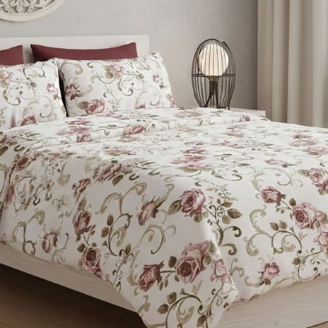 Lenjerie de pat dublu alba cu flori vintage roz/bej pe fond deschis cu cearceaf uni maro